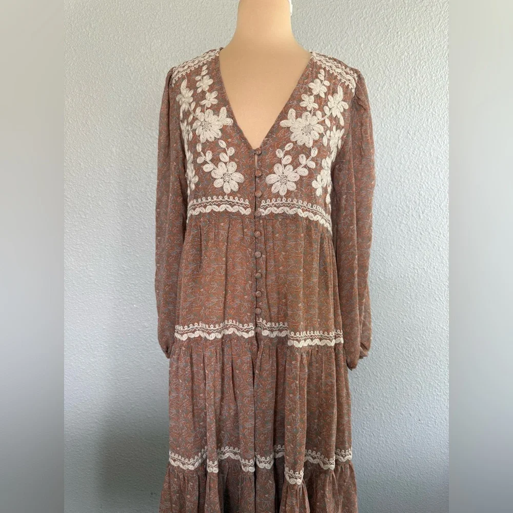 Three Bird Nest Bohemian Floral Lace Trim Maxi Dress - Dusty Rose Size Small - Picture 2 of 9